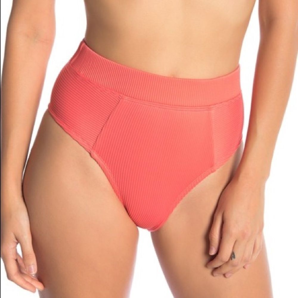 The Bikini Lab Rib Thym‎ High Waist Bikini Swim Bottoms Hot Coral Orange Large